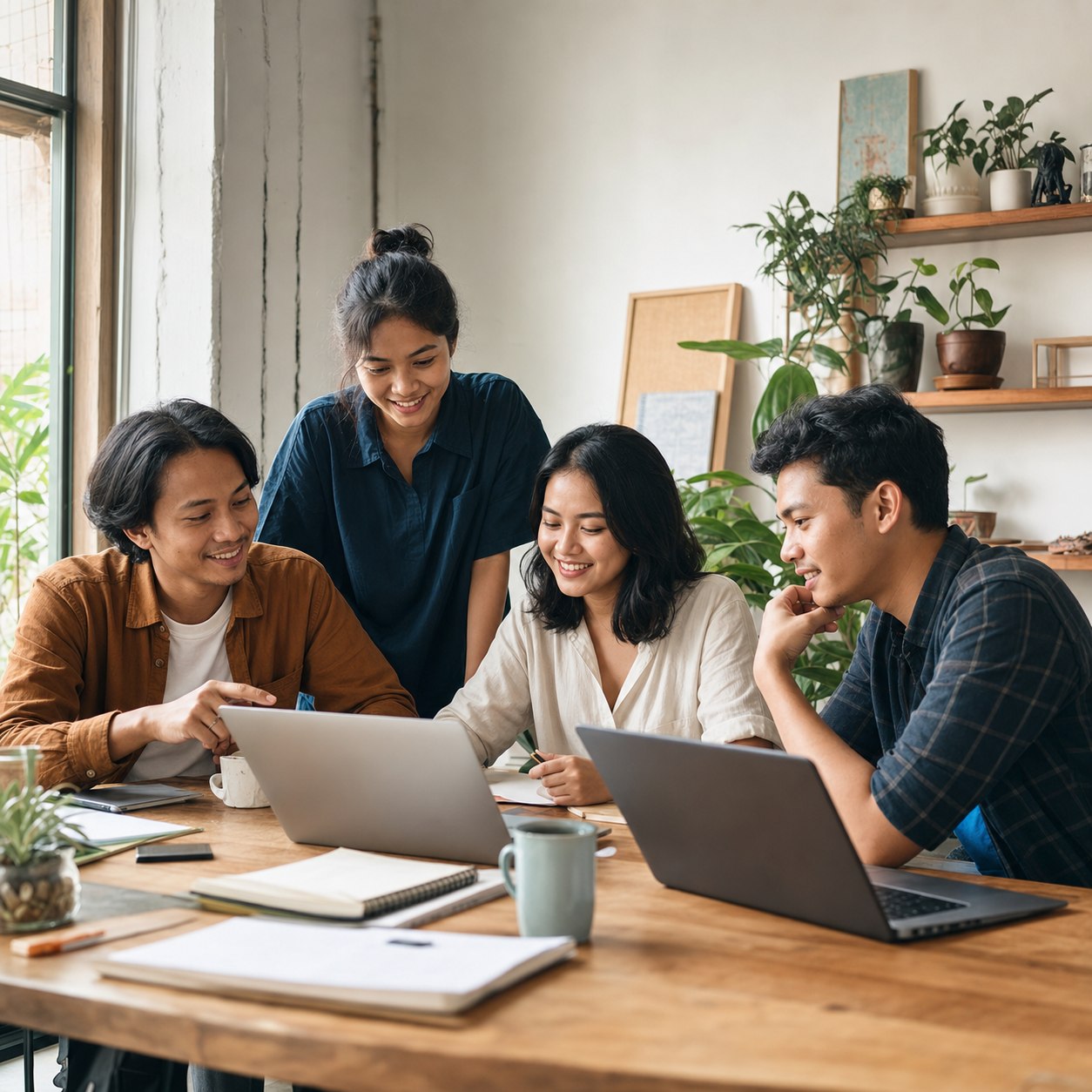 Four Indonesian agency team members collaborating around a table